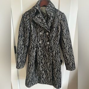 Black & ivory lace patterned Anthropologie double breasted pea coat